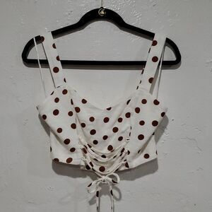 Abercrombie & Fitch Linen Lace Front Crop Tank In White & Brown Polka Dot Size S